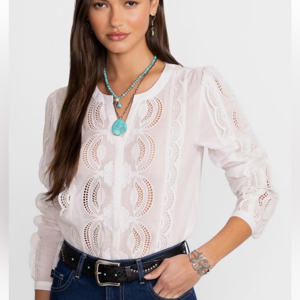 NWT Jade by Johnny Was Malayan Button Up Blouse in White, size S MSRP $398